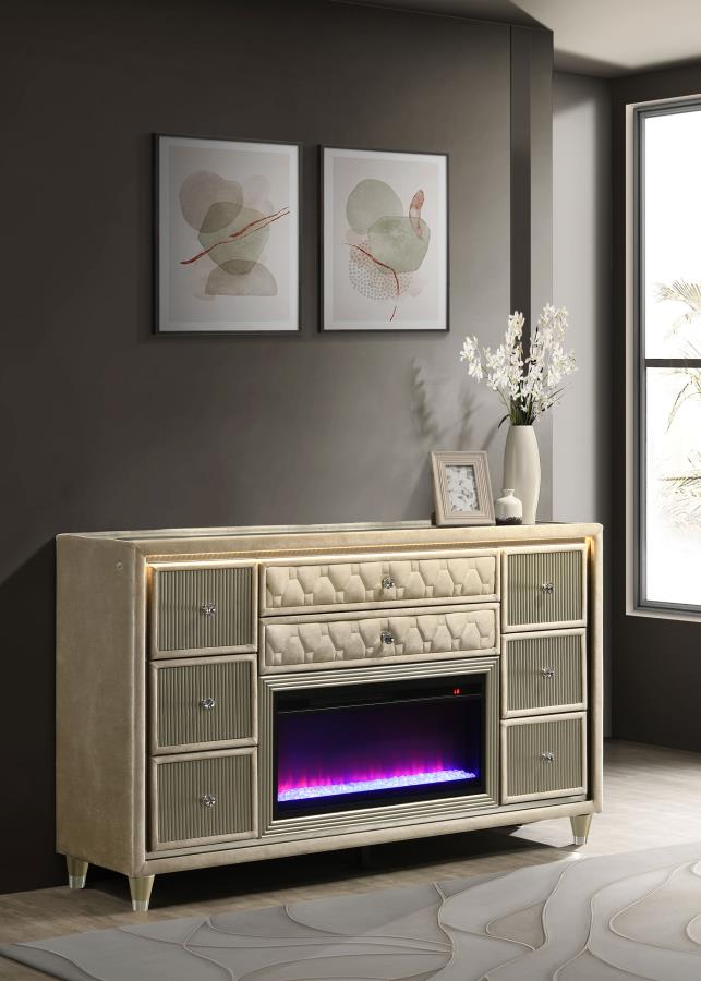 Coaster Lorient 8-drawer LED Bedroom Flame Box Dresser Ivory Camel